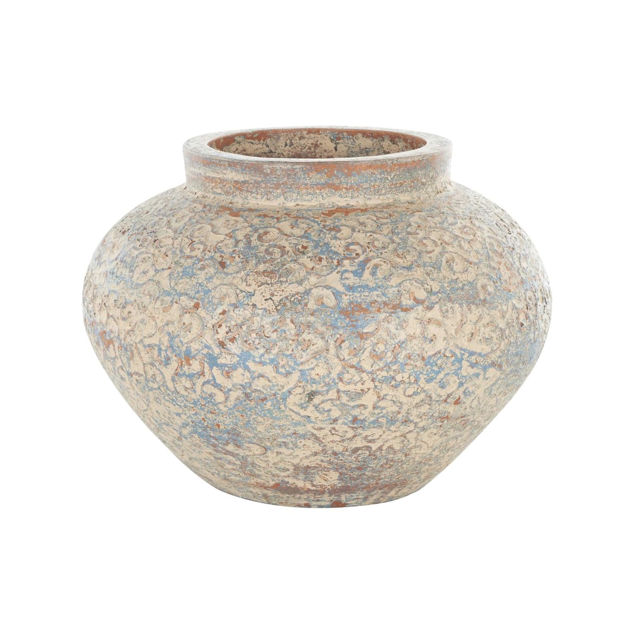 Beige, Blue & Copper Antique Ceramic Scroll Handmade Decorative Vase